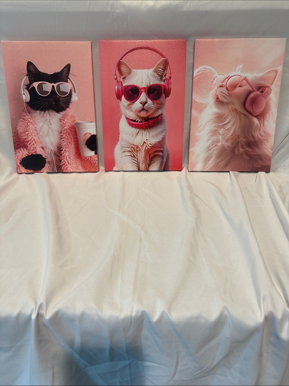Pink Cat Wall Art Trio - Trendy Cat Portraits